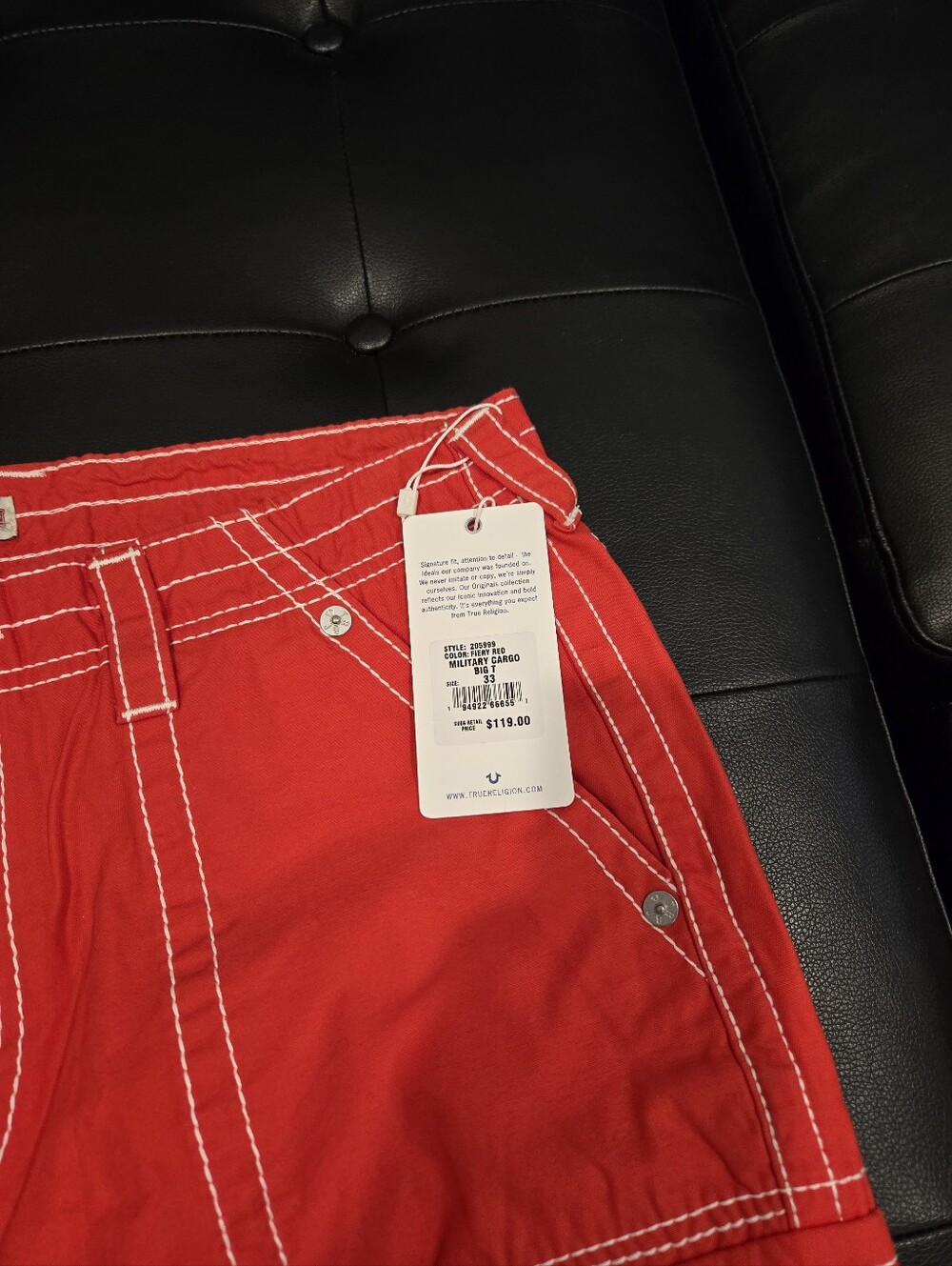 True Religion Red Cargo Pants with Contrast Stitching - Picture 10 of 10